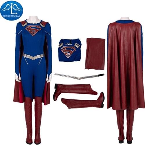 Manluyunxiao Supergirl Halloween Cosplay Costumes for Adult Women Leather Suit Sexy Jumpsuit Custom Made with Boots Cloak