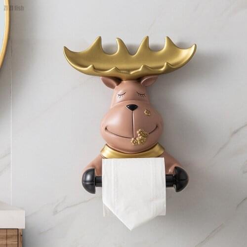 Creative Resin Elk Tissue Holder Cute Animal Hanging Roll Paper Holder Bathroom Tissue Box Wall-mounted Storage Home Decoration