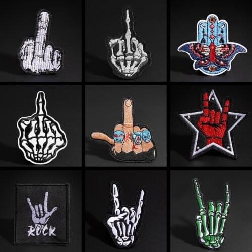 Skull Skeleton Fingers Patches for Clothes DIY Stripes Iron on Rock Victory Gesture Appliques Clothing Stickers Embroidery Badge