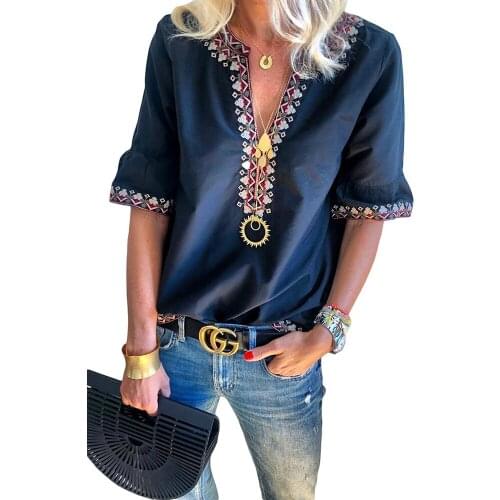 New Elegant V-Neck Tops Women 2021 Casual Half Sleeve Plus Size Print Blouse Shirt Summer Loose Streetwear Pullover Blusa