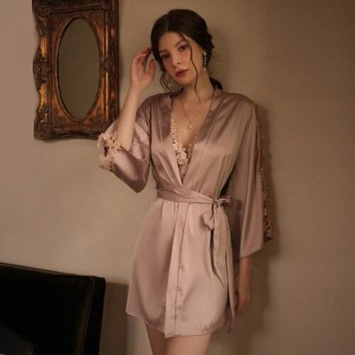 Sexy Young Girl Summer Autumn Thin Ice Silk Open-back Embroidered Flower Suspender Hollow Nightdress Nightgown Set