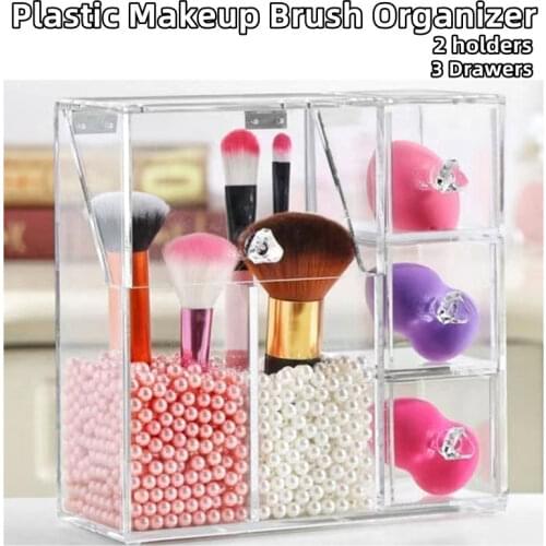 Acrylic Makeup Brush Organizer with 3 Drawers for Cotton Pads/Beauty Blender Makeup Storage Box Cosmetics Organizer