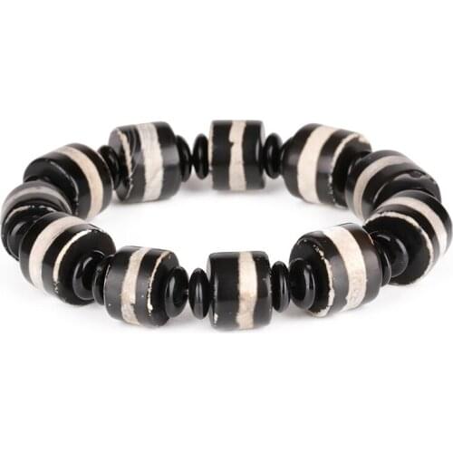 16mm big cylinder beige black pattern lines big onyx semi precious stone bead tibetan buddhism energy beads bracelet for man