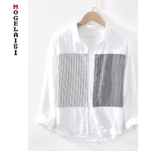 New spring white Striped shirt men long sleeve 100% linen shirts for man clothing chemise homme Asian size 1996