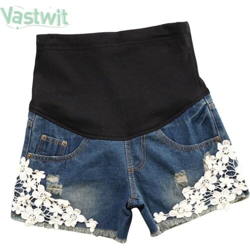 Maternity Ripped Denim Shorts Summer Pregnant Women High Waisted Support Belt Jeans Lace Pearl Short Pockets Pants for Pregnancy