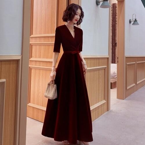 Evening Dresses Long Velour A-Line Deep V-Neck Half Sleeve Sexy Formal Party Gowns Simple Robe De Soiree