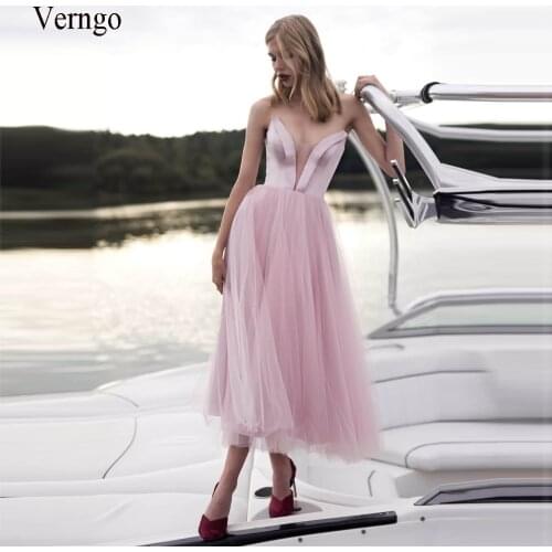 Verngo Ankle Length Pink Evening Party Dress Simple Satin Top Tulle Skirt A Line Formal Gowns Lace Up Back For Girls