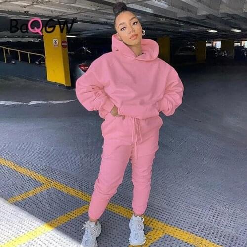 BaQGW Women Tracksuits Autumn Winter Thick Warm Solid Suit 2 Pieces Sets Female Casual Long Sleeve Hooded Sweatshirt Outfit