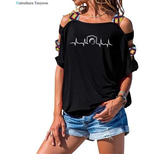 Tops Women 2020 New Fashion Women T Shirt Heartbeat of Camera Print Cotton Tee Short Sleeve Sexy Tshirt Hollow Out Shoulder Top