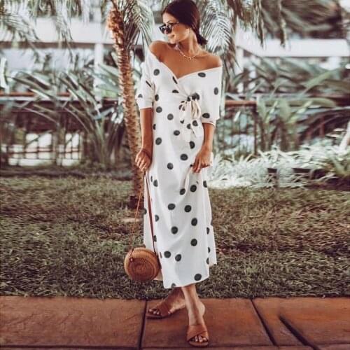 Women Casual Polka Dot Print Long Sleeve V-neck Long Dress Spring Autumn Slim Sashes Bow Decor Elegant Robe Maxi Party Vestidos