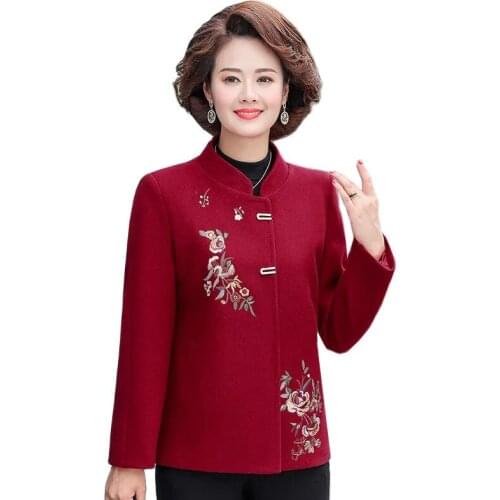 Women Woolen Coats Spring Autumn Middle-aged Woolen Jacket Women Fashion embroidered Warm Overcoat Casual Ladies Woole Coat