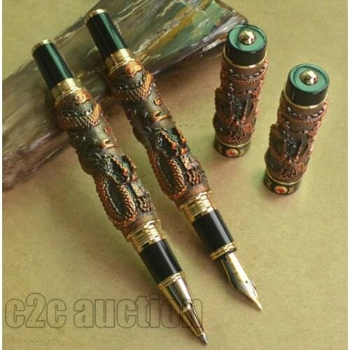 FOUNTAIN PEN + ROLLER BALL PEN SET 0.7mm BROAD NIB JINHAO TWO DRAGON PLAY PEARL COPPER 2 PCS