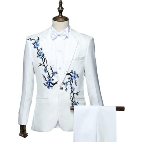 Blazer men groom suit set with pants mens suits embroidery plum blue red white costume singer stage clothing formal dress