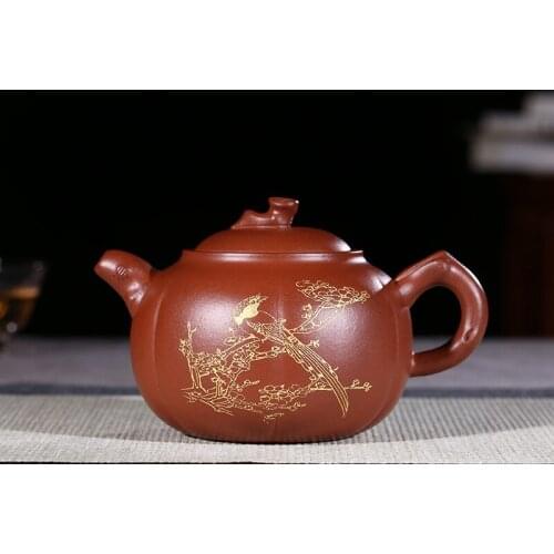 290ml Genuine Yixing Zisha Tea Pot Famous Handmade Raw Ore Qingshui Mud Outline in Gold Pumpkin Teapot Kung Fu Tea Kettle