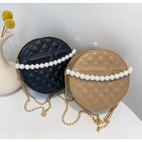 Elegant PU Leather Crossbody Bags for Women Pearl Chain Strap Candy Color Ladies Messenger Bags Simple Casual Female Handbags