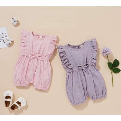 FOCUSNORM 0-18M Summer Baby Girls Boys Casual Rompers Solid Ruffles Lace Short Sleeve Jumpsuits 2 Colors
