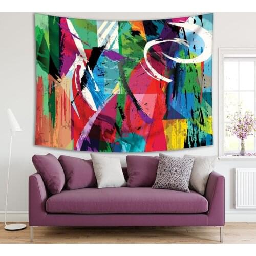 Tapestry Abstract Painting with Paint Strokes Splashes and Squares Green Purple Blue Yellow Black Decorative Print