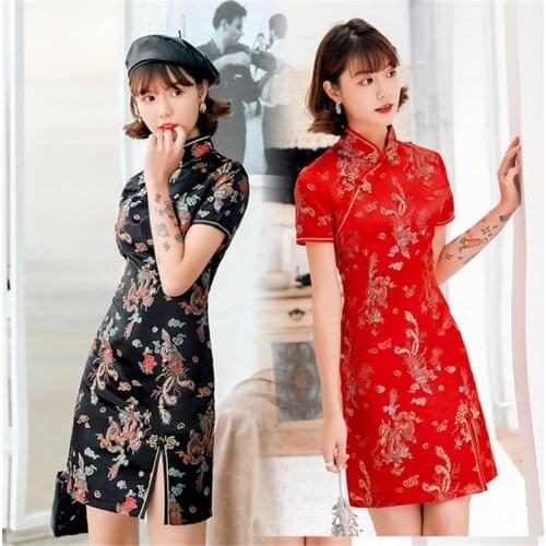 Chinese wedding dress Tang suit cheongsam dress improved retro short female dress printing dragon pattern vestidos orientales