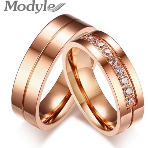 Modyle New Trendy Wedding Bands Jewelry for Women Men Love Rose Gold-color Stainless Steel CZ Promise Ring