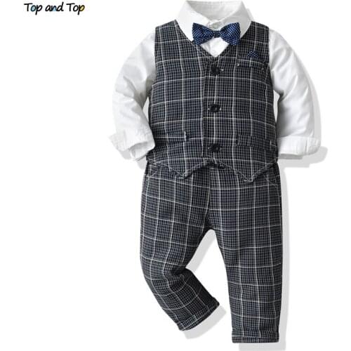 Top and top Autumn&Winter Baby Boys Gentleman Clothing Sets Plaid Style Shirt Pants Vest 3PCS Suits Infant Boy Formal Outfits