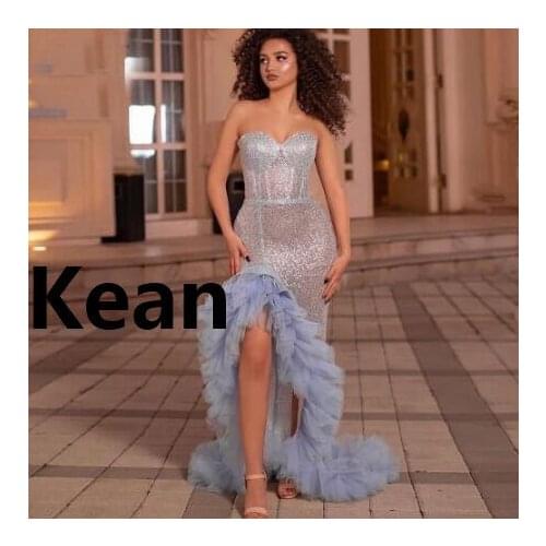 Lanvender Prom Dresses High Split Ruffle Sequins Illusion Party Dress Prom Gown Evening Dresses Robe De Soiree New Arrival