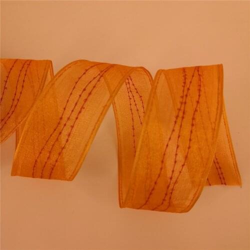 38MM X 25 Yards Yellow Organza Wire Edge Stitched Red Lines Ribbon for Birthday Decoration Gift Wrapping 1-1/2"