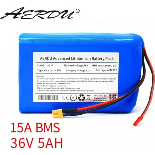 AERDU 10S2P 36V 5Ah 400watt li-ion battery pack xt60 jst for ebike scooter motor 42V lithium batteries 15A Separate port BMS
