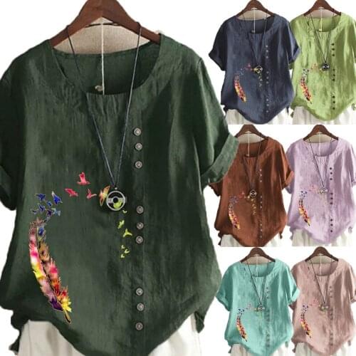 Fashion Summer New Style Womens Feather Print Short-sleeved T-shirt Casual Round Neck Top Loose Solid Color Top S-5XL