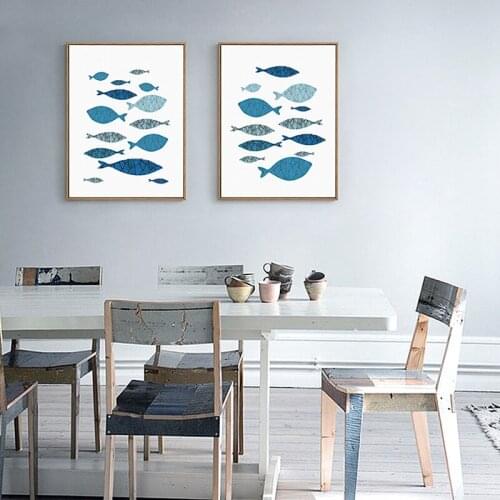 New Blue Fish Group Canvas Painting Nordic Modern Wall Pictures Posters Prints Pop For Living Room Kitchen Decoration No Frame
