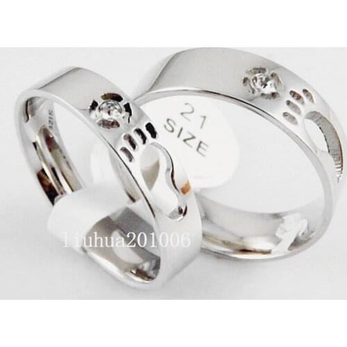 Wholesale 12 pcs High Polished Comfort Fit Footprint pattern Stainless Steel Band CZ Fashion Lovers Rings FREE SHIPPING