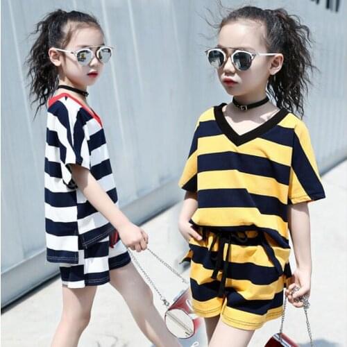 4-13 Years 2020 Summer Children Girl Clothes Kids Girls Clothing Sets Short Sleeve Striped T Shirt + Short Pants 2pcs JW2099