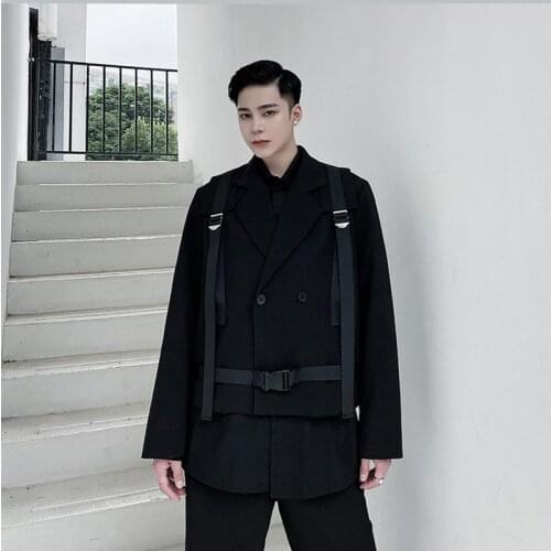 Spring Autumn Men Short Blazer Jackets Black Strap Loose Casual Suit Coat Korean Trendy Streetwear Original Rap Hip-Hop Tops