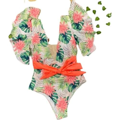 Sexy Off The Shoulder Ruffle One Piece Swimsuit 2021 New Swimwear Women Swimsuit Deep-V Bathing Suits Beach Wear Swim Suit