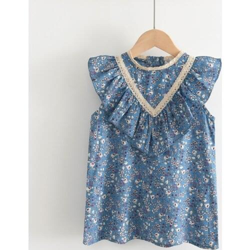 Girls Floral Lace Round Neck Princess Dress with Wood Ears Toddler Girl Summer Clothes 2021 Kids Dresses for Korean Baby Clothes