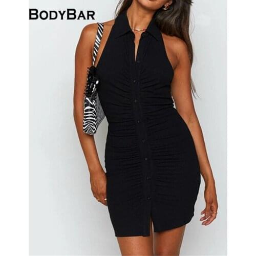 Sexy Sleeveless Pleated Dress Women Turndown Collar Single-breasted Button Bottock Dresses Female Sexy Backless Summer Vestidos