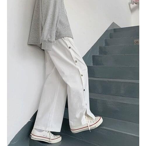 Pink Black White Casual Pants Mens Fashion Button Wide-leg Pants Men Streetwear Loose Hip-hop Straight Pants Mens Trousers