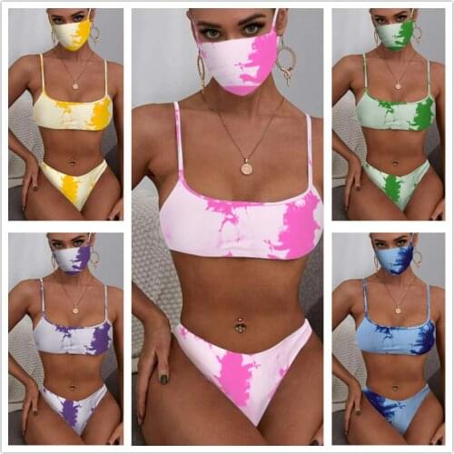 Sexy Bandeau Push Up Brazilian Bikini Set Spaghetti Strap Swimwear Women Tie Dye Swimsuit Thong Bathing Suit With Mask Bathers