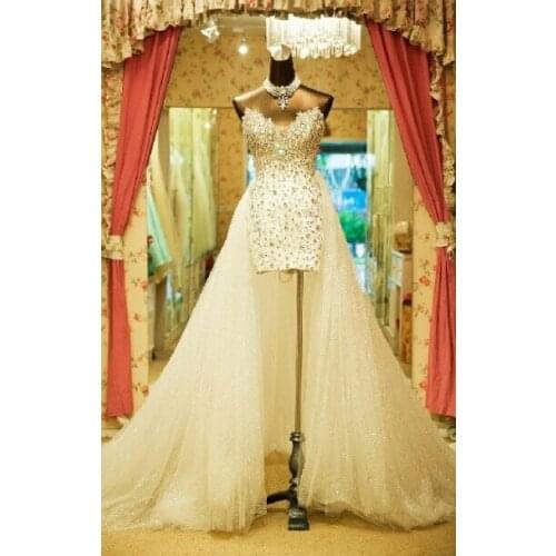 Gorgeous Crystals High Low Bridal Gown with Detachable Skirt Short Front Long Back Rhinestone mother of the bride dresses