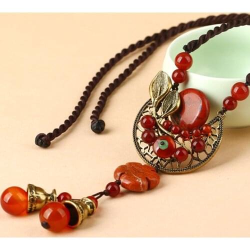 Vintage Handmade Necklace Natural Stone Agate Pendant & Necklace Ethnic Beads Long Sweater Women Bohemian Jewelry