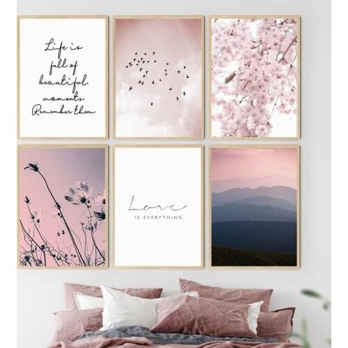 Cherry Blossoms Pink Flower Sky Bird Quote Wall Art Poster Canvas Painting Nordic Decorative Wall Pictures For Living Room Decor