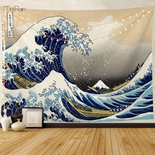 Japanese Kanagawa Wave Printed Tapestry Whale Dragon Fish Wall Mounted Tapestry Bohemian Bed Cover Yoga Mat Blanket