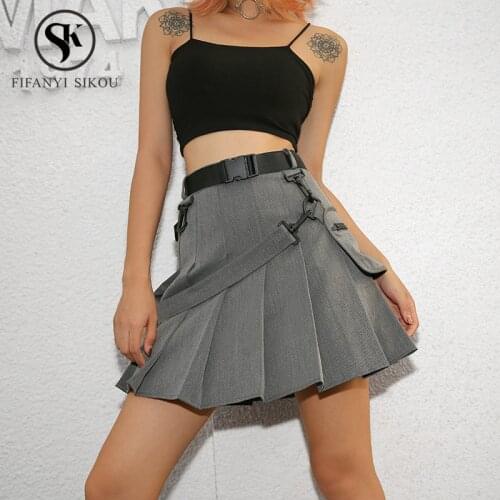Summer Womens A-Line Mini Skirt Streetwear Fashion Design Belt Pocket High waist Skirts women Streetwear Casual Pleated skirt