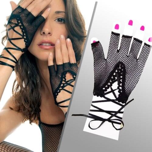 Fishnet Womens Wrist Punk Sexy Half Finger Gloves Solid Color Hollow Out Criss Cross Lace Up Bandage Mittens Party Costume