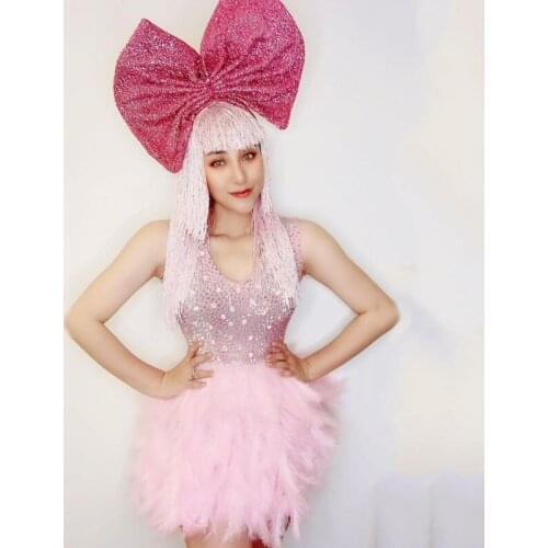 Nightclub Costume Women Singer Clothes Cute Birthday Party Dress Sexy Stage Dress Pink Feather Sequins Bownot Headdress VDB2310