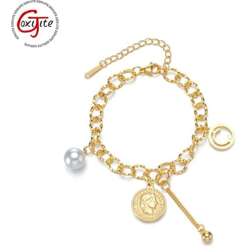 Goxijite Women Simple Stainless Steel Bracelet Link Chain Round Medal Head Pearl Bracelets Fashion Party Jewelry Gift