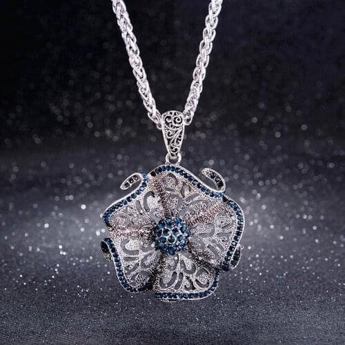 Ancient Silver Color Crystal Long Chain Necklace Vintage Blue Sweater Coat Flower for Women Gift