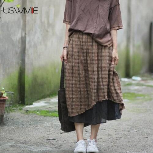 2020 Linen Skirt Retro Art Color Matching Grid Double Layer Oblique Pocket Comfort Irregular Hem Plus Size Women Skirt USWMIE