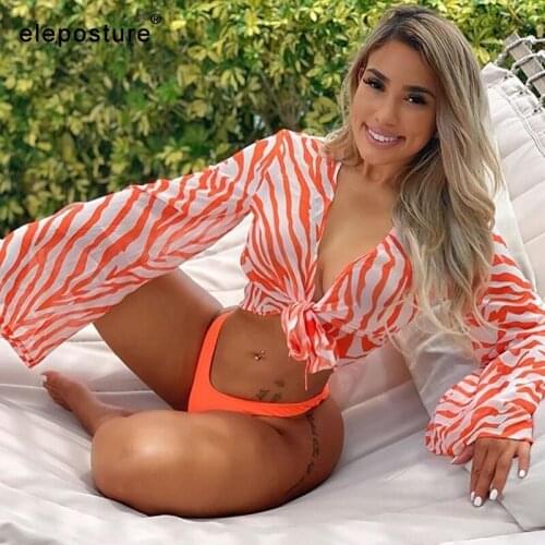 2020 Sexy Three Pieces Bikini Set Swimsuit Print Bathing Suit Beachwear Swimming Suit Bell Sleeve Bikini Cover Up Swimwear Women