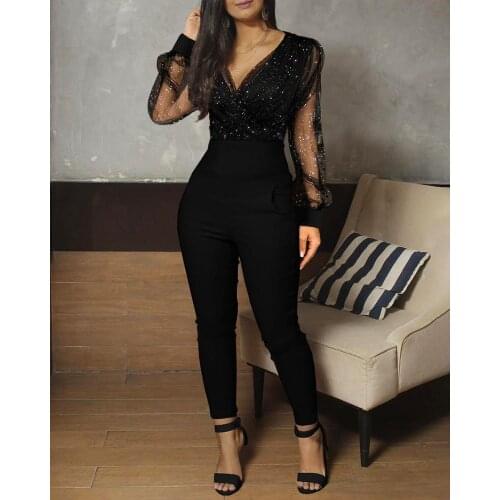 2020 Women Fashion Elegant Casual Sheer Mesh Glitter Pocket Design Jumpsuit V-Neck Long Sleeve Pocket Design Sexy