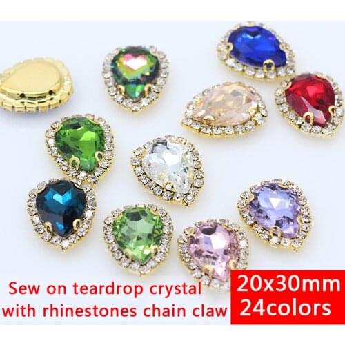 6p 20x30mm Teardrop fancy glass Gem stone flatback sew on crystal rhinestone Trim jewels Gold base clothing sewing accessories